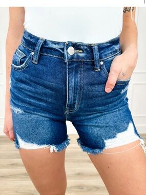 High-Rise Dark Blue Distressed Jean Shorts